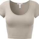 Women's Cotton Crop Tops Short Sleeve Scoop Neck Stretchy Casual Shirt (Beige, XL)