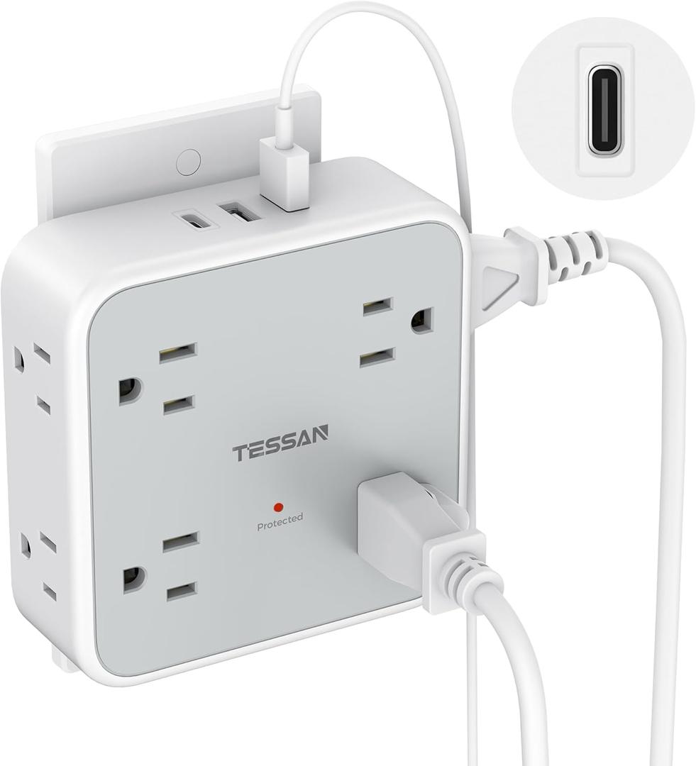 Multi Plug Outlet Extender, TESSAN Outlet Splitter with 8 Sockets and 3 USB (1 USB C), Wall Surge Protector with Power Switch, 3 Sided Multiple Wall Plug Extender for Home, Dorm Room, Office (White-Grey)