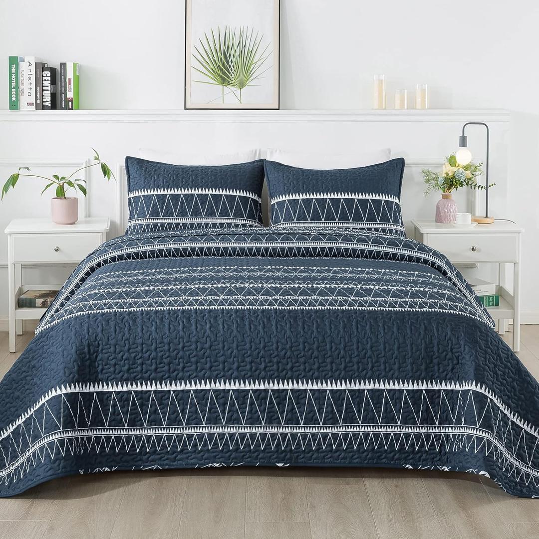 Andency Navy Twin Quilt Set, 2 Pieces Boho Lightweight Soft Striped Bedspread for All Season (68"x86"), Printed Bohemian Polyester Reversible Coverlet Comoforter Sets
