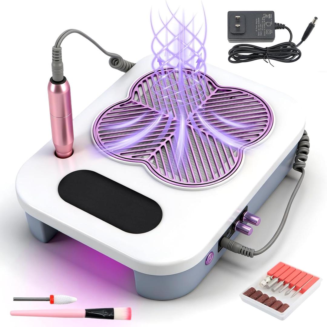 3 in 1 Nail Dust Collector with Drill Lamp Professional,40000RPM Electric Nail Drill Bits Efile Kit with Stepless Speed Control,Nail Dust Vacuum High Suction for Home Salon,Purple