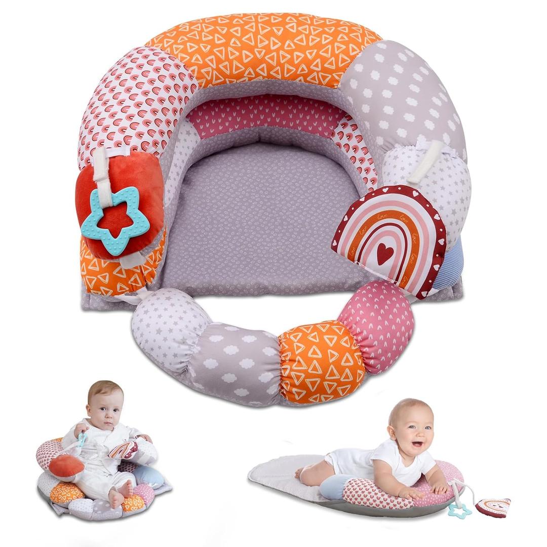 2-in-1 Tummy Time Baby Mat & Seated Support Pillow, Tummy Time Pillow with Detachable Support Pillow and Toys, for Early Development Support for Newborns and Older Babies