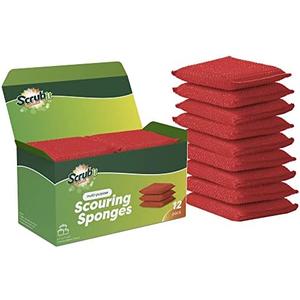 SCRUBIT Multi-Purpose Dish Scrub Sponge, Non Scratch Scouring Pads, Cleaning Sponges for pots, Dishes & Non-Stick Cookware - Pot Scrubber Sponges for Kitchen & Bathroom - 12 Pack Dish Sponge (Red)