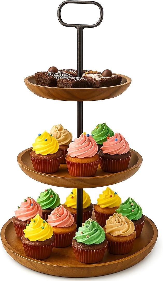 Acacia Wood 3-Tier Display Stand  Rustic Cupcake Tower, Multi-Layer Dessert & Appetizer Server, Cheese & Food Stacker, Wooden Buffet Tray for Parties & Grazing Tables