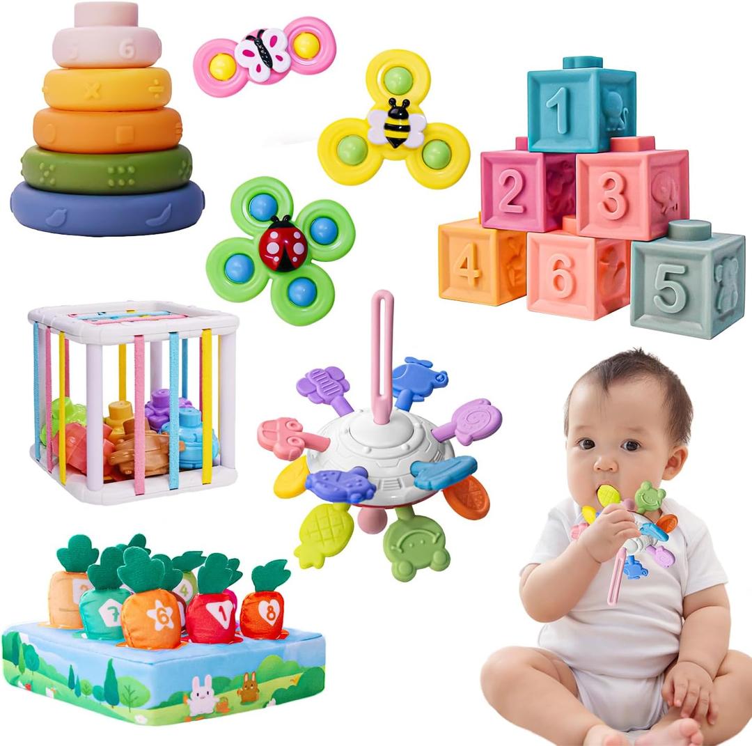 Baby Toys 6-12 Months, Montessori Toys for 1 Years Old, 6-in-1 Set Infant Toys with Sensory Toy, Spinner for Babies, Stacking Toy for Toddlers 1-3 Learning, Gifts for Toddler Newborn, 32PCS