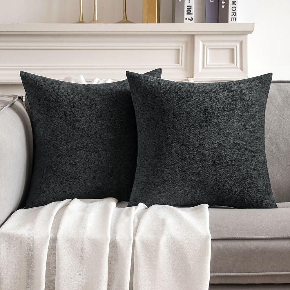 MIULEE Pack of 2 Black Decorative Pillow Covers 18x18 Inch Soft Chenille Couch Throw Pillows Farmhouse Cushion Covers for Home Decor Sofa Bedroom Living Room