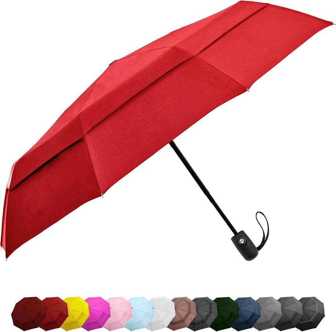 Windproof Compact Umbrella for Rain - 42 Travel Umbrella, Portable, Strong, Collapsible to 11, Automatic Open Close Button, Vented Double Canopy with Fiberglass/Steel Frame, Wind Resistance to 55MPH
