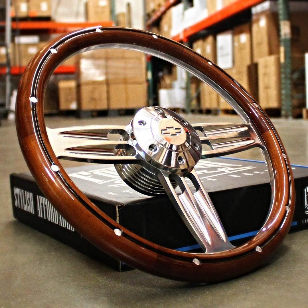 14" Inch Billet Polished & Wood Steering Wheel Bowtie Horn, 6 Hole, Passenger Car