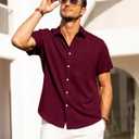 Alimens & Gentle Mens Linen Shirts Short Sleeve Button Down Shirts Wrinkle Free Casual Vacation Beach Summer Tops (Red, M)