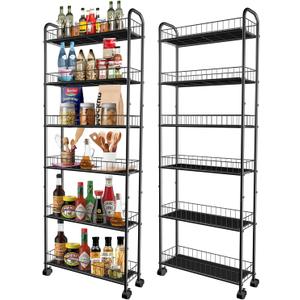 Slim Storage Cart with Wheels, 6-Tier 6in Black Narrow Rolling Shelf,Sturdy Slim Storage Ideal for Kitchen, Bathroom, and Laundry Room
