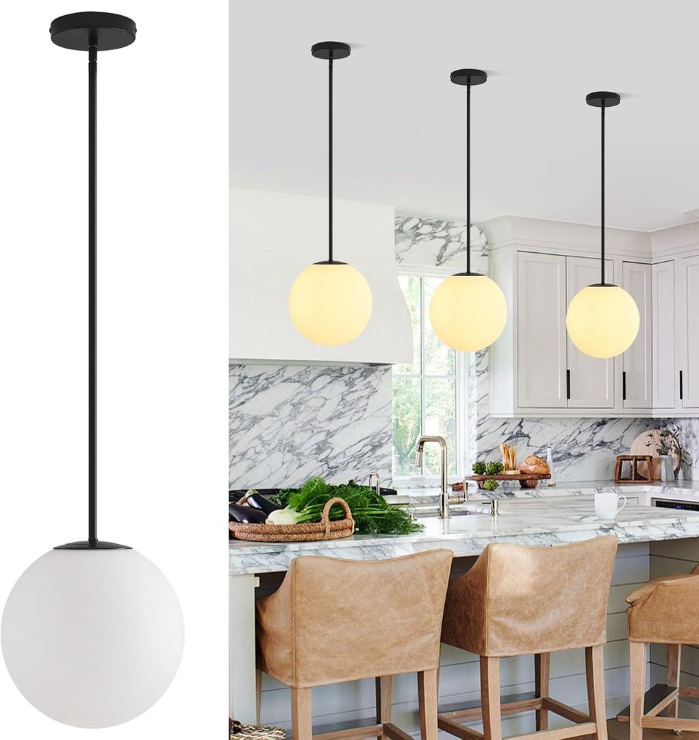 10in Milk Glass Pendant Light, Mid Century Modern Pendant Lights Kitchen Island, Black Fininsh Hanging Light Fixture for Dining Room Over Table Sink Hallway, Black & Milk 1 Pack