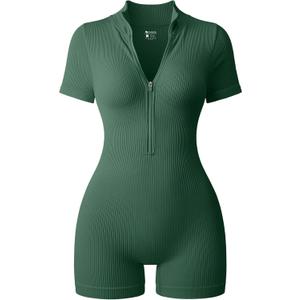 OQQ Women Rompers Ribbed Short Sleeve Zip Front Stretch Tummy Control Yoga Workout Rompers (Small, Darkgreen)