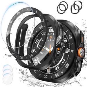 for Samsung Galaxy Watch Ultra 47mm Screen Protector Case, HD Tempered Glass Screen Protector Hard PC Case Bezel Ring Cover for Galaxy Watch 7 8 Ultra, Black with Indices