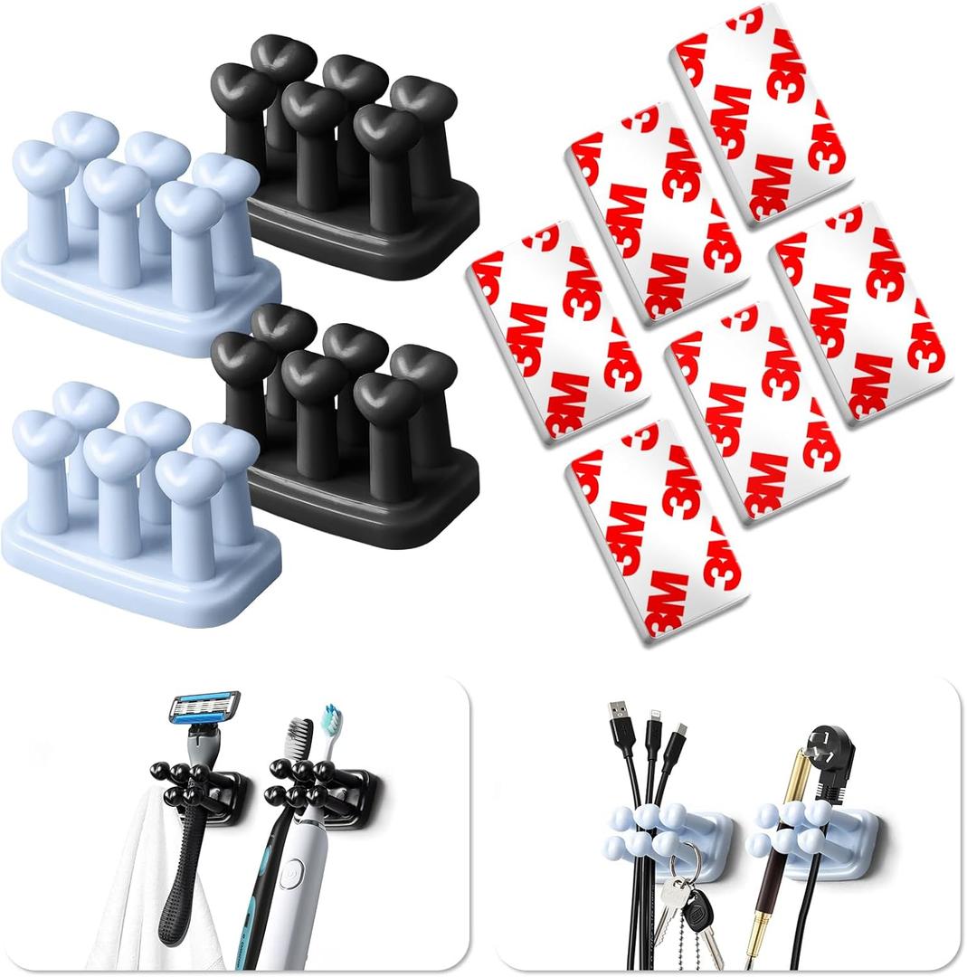 Silicone Toothbrush Holders - with Adhesive Tape Made of 3M (6Pcs) - Waterproof Double Hook - Wall Mount for Keys, Plugs - Bathroom, Kitchen, Living Room, Office 4Pcs