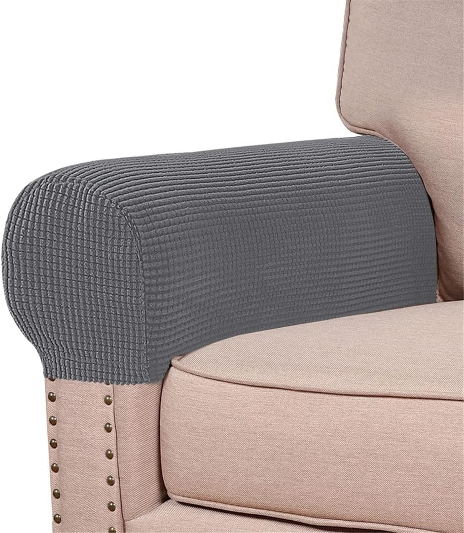 Stretch Armrest Covers (Set of 2)  Anti-Slip Spandex Jacquard Furniture Protectors for Chairs, Sofas & Recliners  Washable & Durable Slipcovers (Grey)