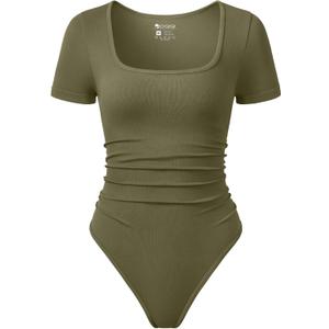 OQQ Women Bodysuits Ruched Short Sleeve Square Neck Stretch Lounge Travel Bodysuits (Large, Sauerkraut)