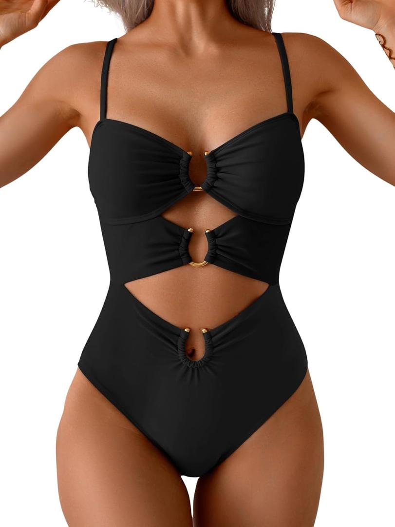 Eomenie Womens Cutout One Piece Swimsuit with Ring Linked Sexy Monokini Bathing Suit for Beach Vacation (Black, XXL)