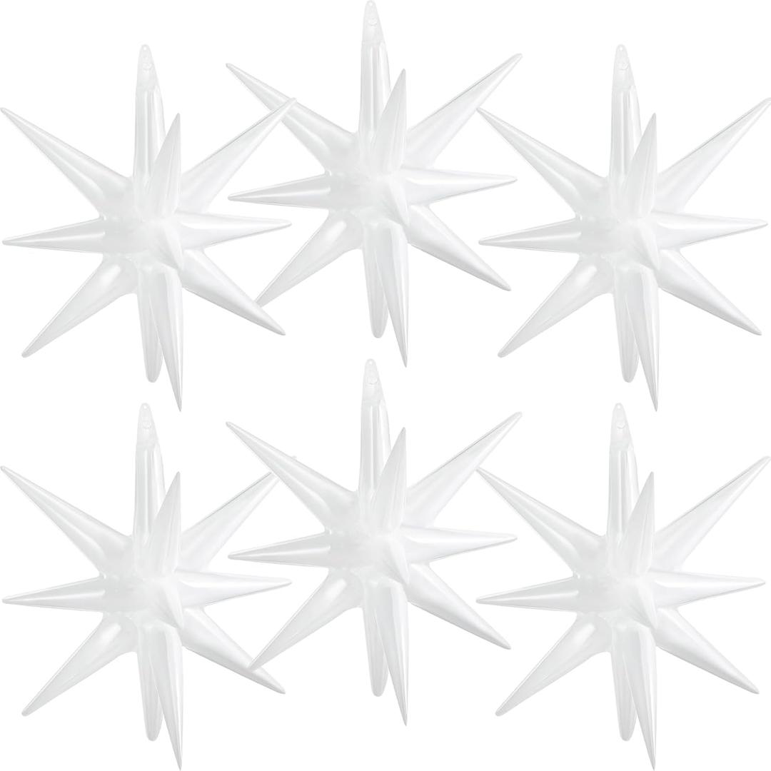 Hungdao 6 Pcs Large Star Balloons 27 Inch Starburst Spike Foil Explosion Balloons 14 Point Star Cone for Birthday Wedding Anniversary Halloween Christmas Backdrop Party Decorations(White)