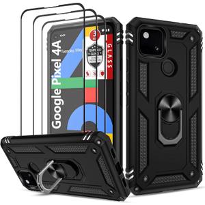 Case for Google Pixel 4a with 3 Pcs Tempered Glass Screen Protector, Military-Grade Built in Magnetic Ring Kickstand Dual Layer Hybrid Shockproof Aromr Rugged Case for Google Pixel 4a - Black