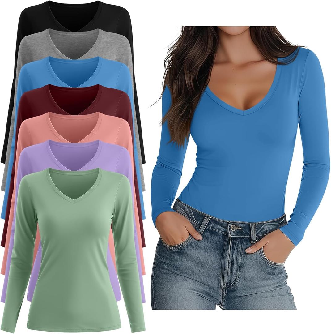 7 Pack Women's V Neck T Shirts Long Sleeve Tee Shirts Slim Casual Multi Pack Fitted Fall Going Out Basic Tops S