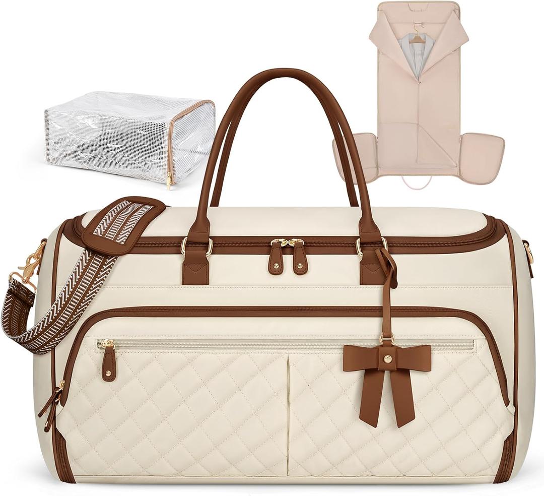 RAINSMORE Garment Bags for Travel Women Convertible Garment Duffle Bag for Hanging Clothes, Large Carry On Garment Bag with Shoe Bag & Wet Pocket, Foldable Dress Suit Business Travel Weekender Bags (BeigeBrown)