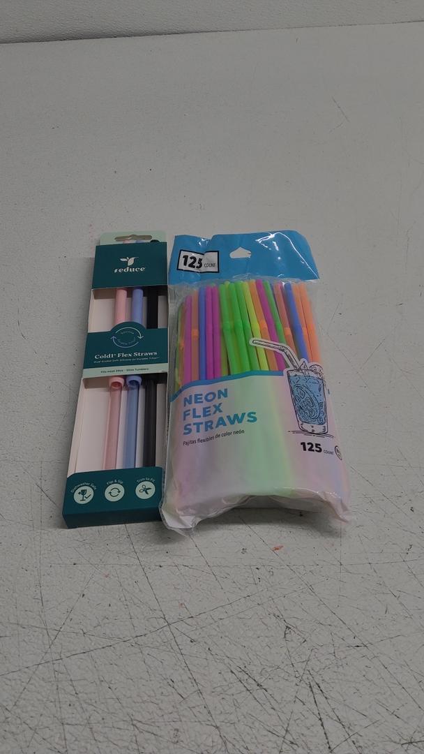 Jacent Flexible Disposable Drinking Straws, Bendable Plastic Neon Straws: 125 Count per Pack, Fun Bendy Kids Straws, Great For Summer Drinks, Crafts, Parties, And More, Reduce Touch Cold1 Flex Straws 4 Pack Reusable, Easy to clean 24oz-50oz