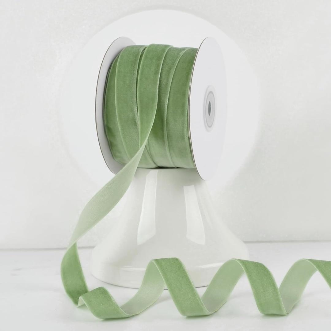 MEEDEE Sage Green Velvet Ribbon 5/8 Inch Single Face Nylon Velvet Ribbon 25 Yards Light Green Velvet Ribbons for Christmas Tree, Ornaments, Gift Wrappig, Rustic Wreath, Invitations, Sewing Crafts