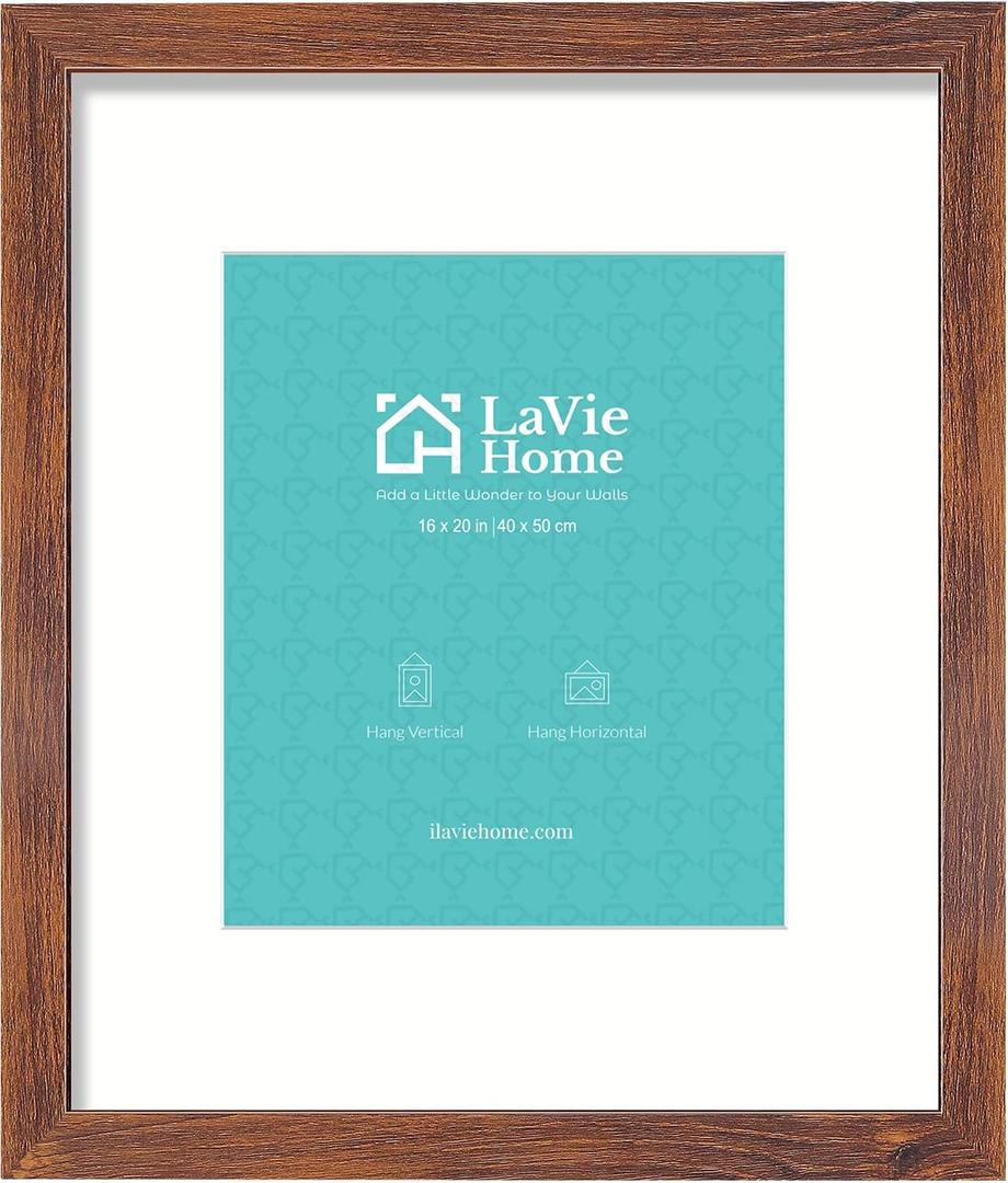 LaVie Home 16x20 Picture Frame Brown Poster Frame,Display Pictures 11x14 with Mat or 16x20 Without Mat, Stable and Sturdy Frame and Polished Plexiglass, Horizontal and Vertical Format of The Walls