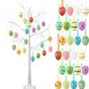 Aurelema 4 ft Easter White Birch Tree with 48 LED Lights, USB Powered Timer, 24 Hanging Easter Egg Ornaments, Tabletop Artificial Tree for Indoor Outdoor Spring Home Decor(Classic)