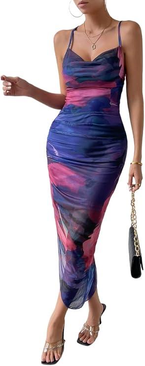 Women's Tie Dye Cowl Neck Split Hem Bodycon Cami Dress Backless Long Dresses Size M
