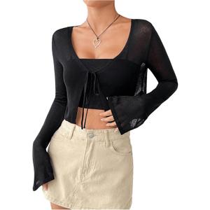 SHENHE Women's Mesh Sheer V Neck Tie Front Long Sleeve Solid Crop Cardigan (Black, XL)