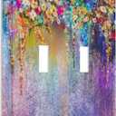 Colorful Floral Watercolor Flower Double Toggle Light Switch Cover Decorative Purple Garden 2 Gang Wall Plate Electrical Faceplate Switchplate for Farmhouse Bathroom Bedroom Living Room Decor