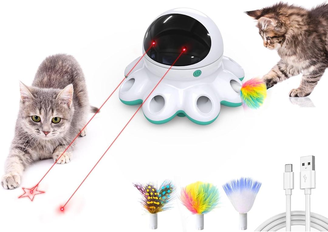 ORSDA Cat Laser Toy, 2-in-1 Interactive Automatic Motion Activated Moving 8 Holes Whack A Mole Feather, USB Rechargeable Electronic Smart Sensor Kitten Toys for Indoor Exercise (Robin Egg Blue)