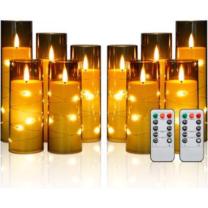 Enido Flameless LED Candles with Remote & Timer, Battery Operated Acrylic Pillar Set, 10 Pc Flickering Electric Lights with Embedded Star String for Cozy Home & Holiday Romantic Decor (Grey)