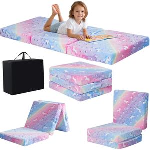 MeMoreCool Foldable Floor Cushion for Kids, Glow Star Trifold Play Mat, Portable Floor Lounger Seat Pad, 57x22 Inch Colorful (Rainbow Unicorn)