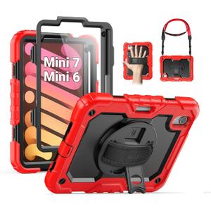 SEYMAC Kids Case for iPad mini 7 (A17 Pro) 2024/ Mini 6 8.3, Full-Body Shockproof Protective Case with Screen Protector, Rotating Stand, Hand/Shoulder Strap for iPad mini 7th/ 6th Generation, Red