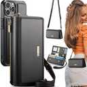 CaseMe 2-in-1 Detachable for iPhone 16 Pro Crossbody Wallet Case with RFID Blocking 10-Card Holder for Woman, PU Leather Wrist Strap Zipper Purse Wallet Phone Case for iPhone 16 Pro 6.3", Black