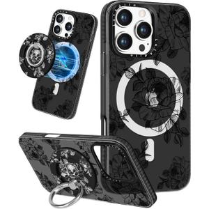 Cute Case for iPhone 16 Pro Max for Women Girls - Funny Black Flower Design Compatible with Magsafe Magnetic Ring Holder Kickstand Fashion TPU Phone Covers