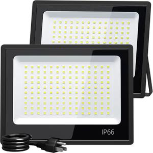 XXBSAZ 2 Pack 100W LED Flood Lights Outdoor, 12500LM Plug-in Hardwire Work Light IP66 Waterproof - 6500K Daylight Bright for Yard, Garage, Stadium