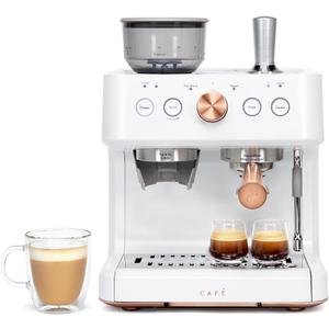 Caf Bellissimo Semi Automatic Espresso Machine with Grinder & Milk Frother | Copper Accents | WiFi App Control | Large 95oz Tank | Matte White