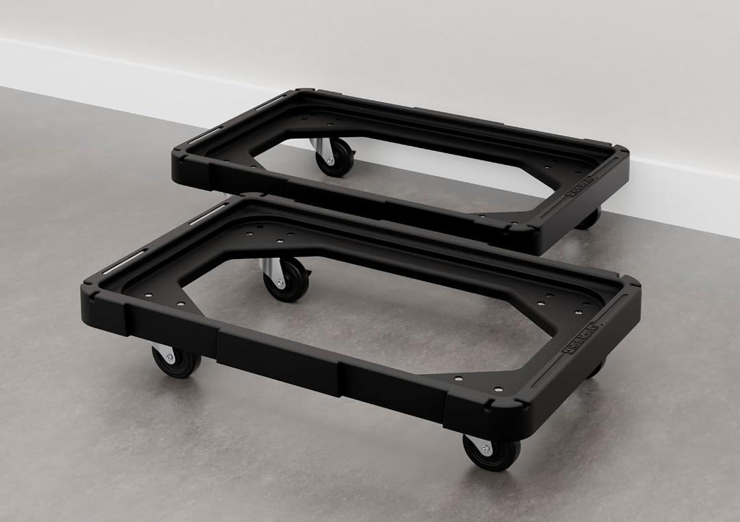 Tote Dolly 2-Pack, Storage Bin Dolly for 27 and 12 Gallon Totes 27 gallon tote dolly with TPU swivel casters, built-in locks, recessed base and steel joiners; also fits 12-gal totes