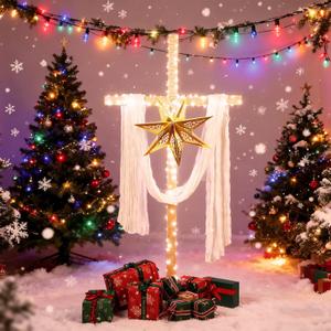 58 Inch Large Wooden Christmas Cross with 180 Lights, White Silk Scarf and Paper Star Lantern Lampshade, Jesus Christ Catholic Cross He is Risen Decor for Indoor Outdoor Holy Night