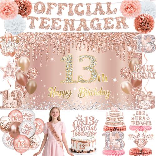 13th Birthday Decorations for Girls – 53pcs Official Teenager Decorations Backdrop, Banner, Honeycomb Centerpieces, Hanging Swirls, Foil & Latex Balloon, Cake & Cupcake Toppers, Sash, Pom Poms