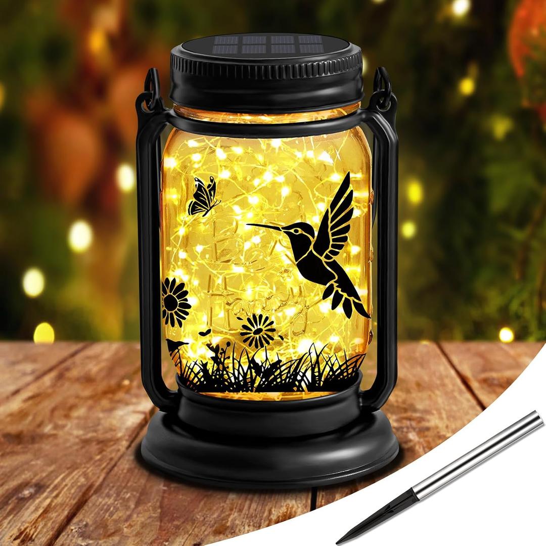 Hummingbird Solar Lanterns 3-in-1 Outdoor Waterproof - Birthday Gifts for Women Mom Christmas, Mason Jar Hanging Lanterns with Stake, Garden Decor Lights for Patio Yard Porch Lawn Balcony Decorations
