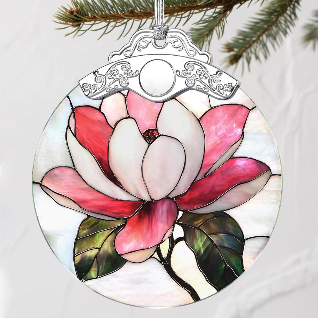 Stained Glass Magnolia Flower Christmas Ornament: Christmas Tree Ornaments & Decor, Holiday Decor  Holiday Presents, Gift Exchange Ideas & Elegant Keepsake for Family, Coworkers & Friends