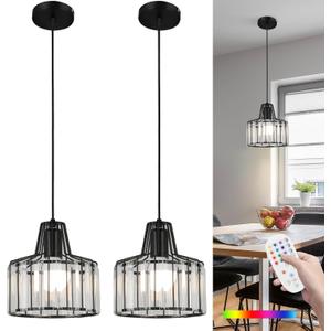 Battery Operated Pendant Lights,Rechargeable Pendant Light with Remote,Crystal Pendant Light Fixtures for Kitchen Island,Black Modern Hanging Lights for Bedroom,Dining Room Hallway Entryway(2 Pack)
