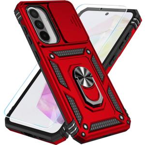 SunStory Compatible with Samsung Galaxy A36 5G Case, A56 5G Case with HD Screen Protector & Slide Camera Cover & Rotated Ring Kickstand, Dual Layers Phone Case for Galaxy A36/A56 (Red)