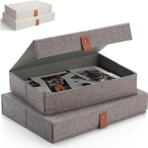 Decorative Photo Storage Boxes with Lids - Set of 2 Beautiful Linen Organizers Are Perfect to Safely Store Your Pictures, Documents, Scrapbooking Supplies, Keepsakes and Other Memories in Style (Gray)