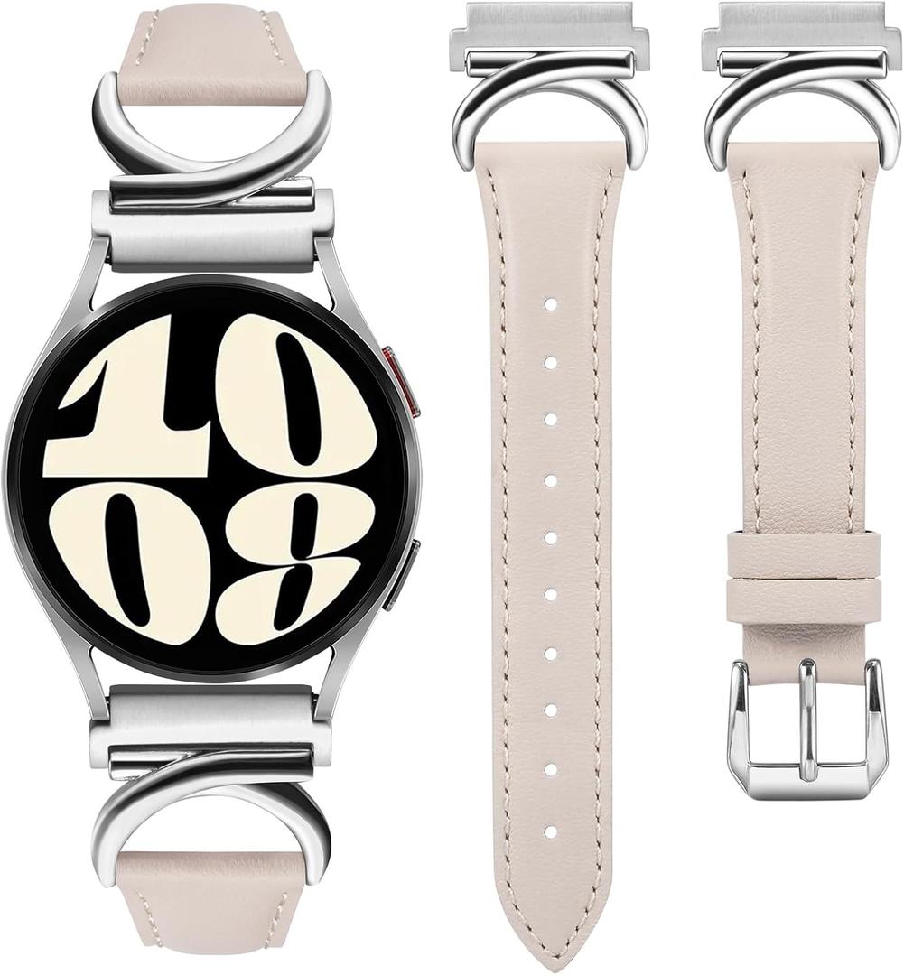 Leather Bands Compatible with Samsung Galaxy Watch 7/ 6/ 5/ 4/ FE/ Active 2 40mm 44mm/ Watch 6 Classic 43mm 47mm Band, 20mm Slim Dressy Leather Strap with C-Shape Metal Buckle Women, Silver/ Starlight