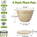 Nooulap 4 Pack 16 Inch Plant Pot with Drainage Hole, Plastic Large Indoor Outdoor Planter, Decorative Flower Pot for Patio, Garden & Front Porch, with Gold Flower Partten (Beige)