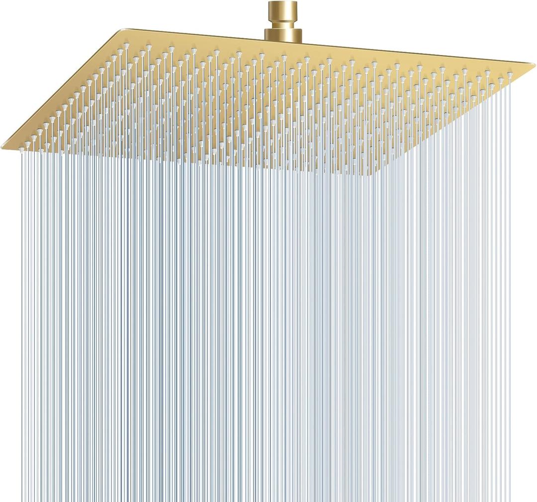 16 inch Brushed Gold Large Rain Shower Head Ceiling Mount - All Metal 304 Stainless Steel, Full Body Rainfall Shower with 324 Silicon Nozzles - Waterfall Bathroom Square Showerhead